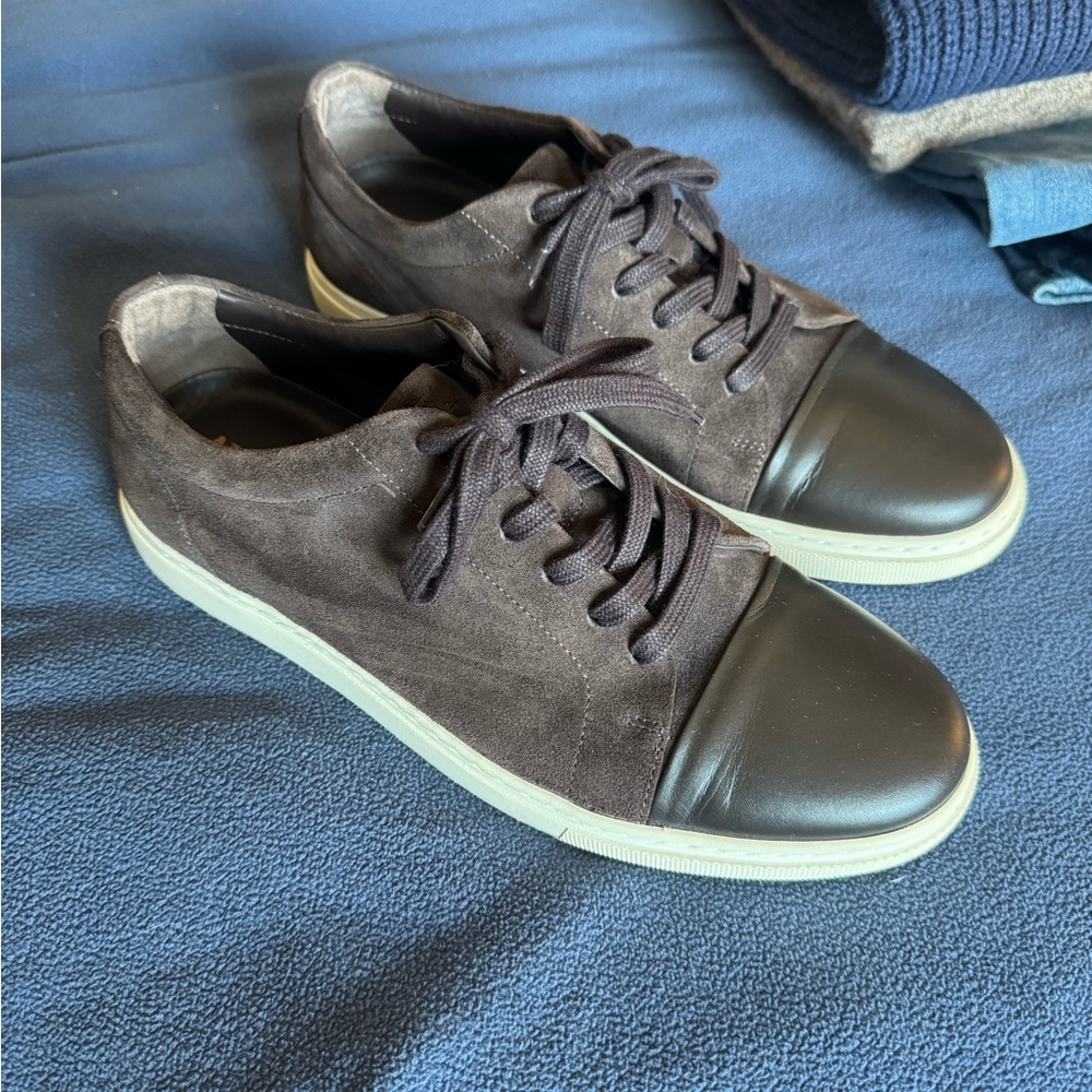 Allen Edmonds Brown Suede Sneakers with Dark Brown Leather Cap Toe